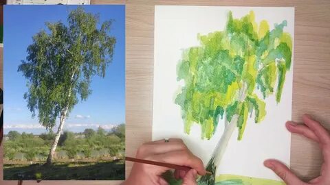 Береза красками поэтапно
