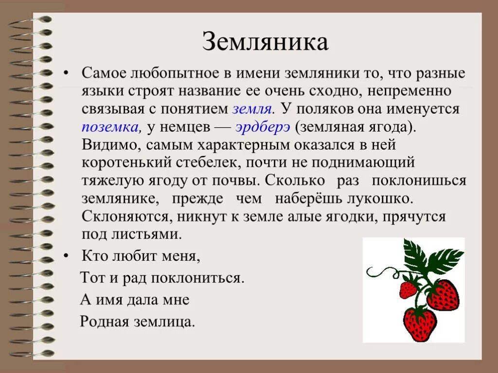 Землянику часть речи. Происхождение слова земляника. Происхождение слова землянка. Земляника этимология. Текст про землянику.