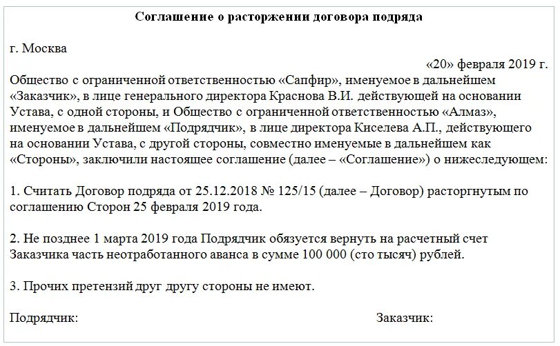 Возврат части аванса. Письмо о расторжении договора подряда образец. Расторжение договора подряда по соглашению сторон образец. Шаблон расторжения договора по соглашению сторон образец. Соглашение о расторжении договора подряда по соглашению сторон.