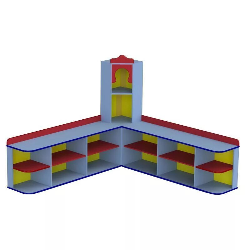 Угловой стеллаж для детского сада. Угловая полка в детский сад. Угловой стеллаж для игрушек. Игровой стеллаж угловой.