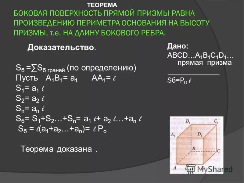 Боковая поверхность призмы равна произведению периметра основания