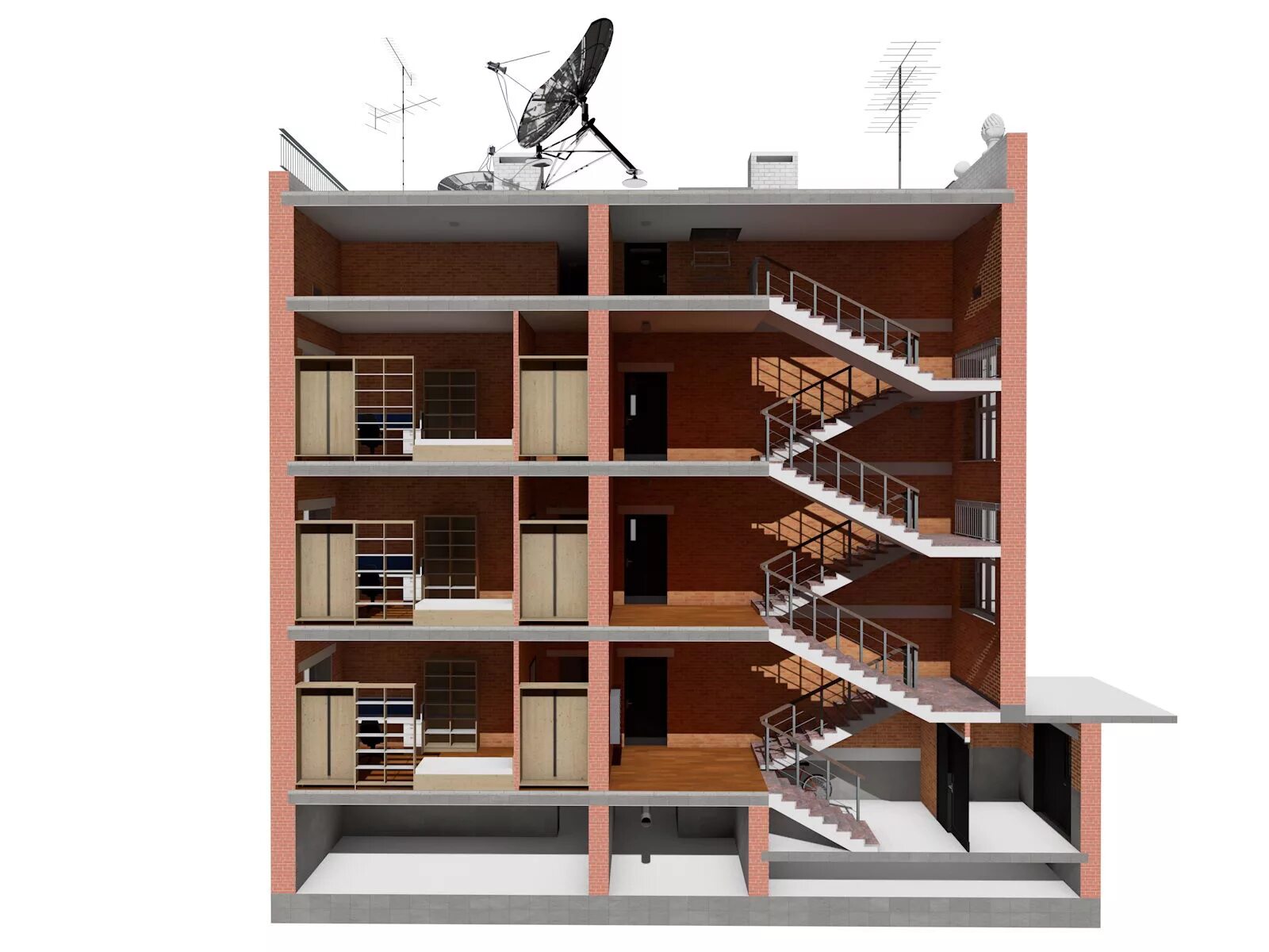 монолитная лестница в многоэтажном доме. хорошие этажи в многоэтажных домах. каркасно панельное домостроение. трехэтажные многоквартирные дома. дом в разрезе.