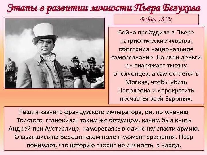 Этапы в развитии личности Пьера Безухова. Пьер Безухов на войне 1812. Как сложилась судьба пьера