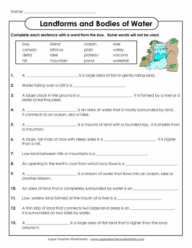Landforms. Education chart. Landforms worksheets. Landforms definitions. Geographical features for kids.