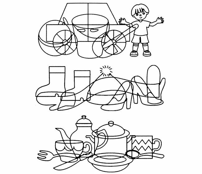Путаница для дошкольников. Задания для дошкольников. Задания на зрительное восприятие для дошкольников. Наложенные предметы для дошкольников.