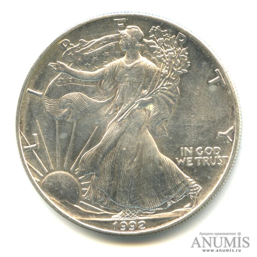 1 Oz серебряная монета американский орёл. Монета шагающая Свобода серебро. Silver American Eagle Dollar. 1 Доллар 1992 США шагающая Свобода.