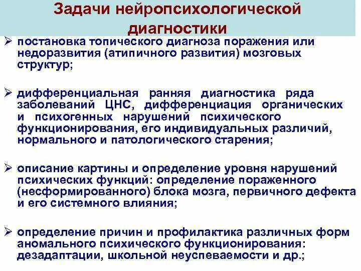 Задачи нейропсихологического исследования. Методы нейропсихологического обследования (диагностики). Нейропсихологическая диагностика задачи. Методы диагностики в нейропсихологии.