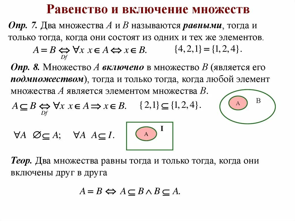 Отношения между элементами множеств. Включение множеств. Включение множества в множество. Операции над множествами включение. Операция включения множеств.