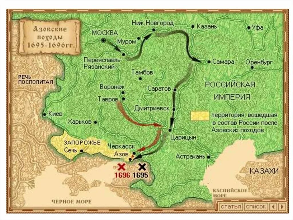 Какие города появились при петре 1. Первый Азовский поход Петра 1 карта. 1695, 1696 Г.Г. – Азовские походы.. Азовские походы Петра 1696. Поход Петра 1 на Азов в 1695.