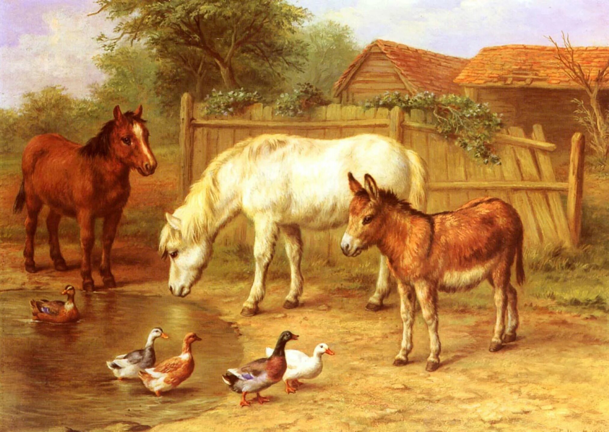 Лошади коровы и куры. Домашние животные живопись.
