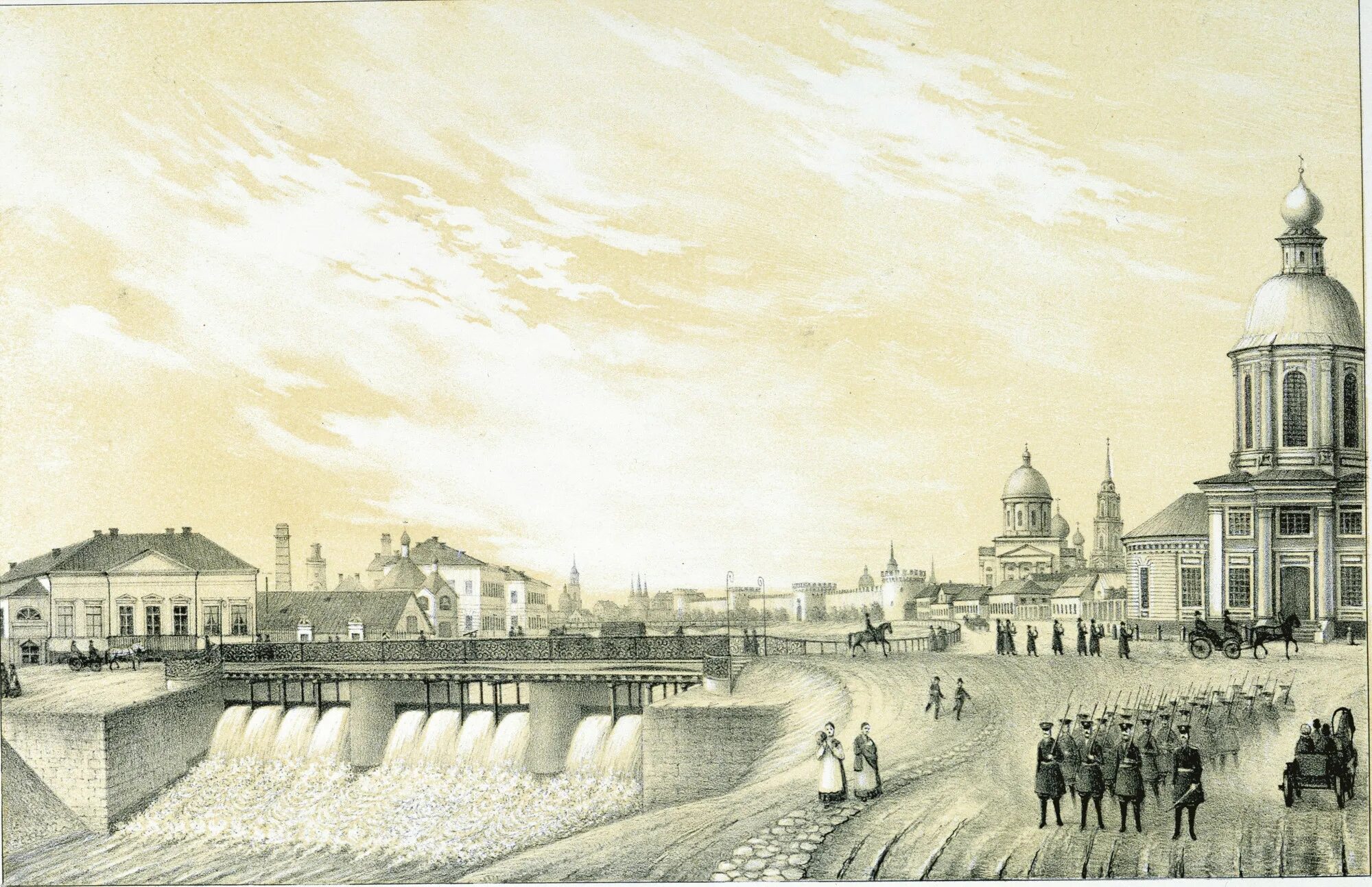 Тула в 18 веке. «Чугунный мост» Тула 1878. Тульское губернское правление. Литография Шеле Тульский Кремль. Тула гравюра.