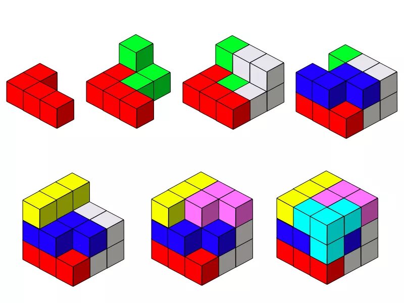 Объемные фигуры из кубиков. Кубики сома. Кубики цветные. Головоломка сома куб.