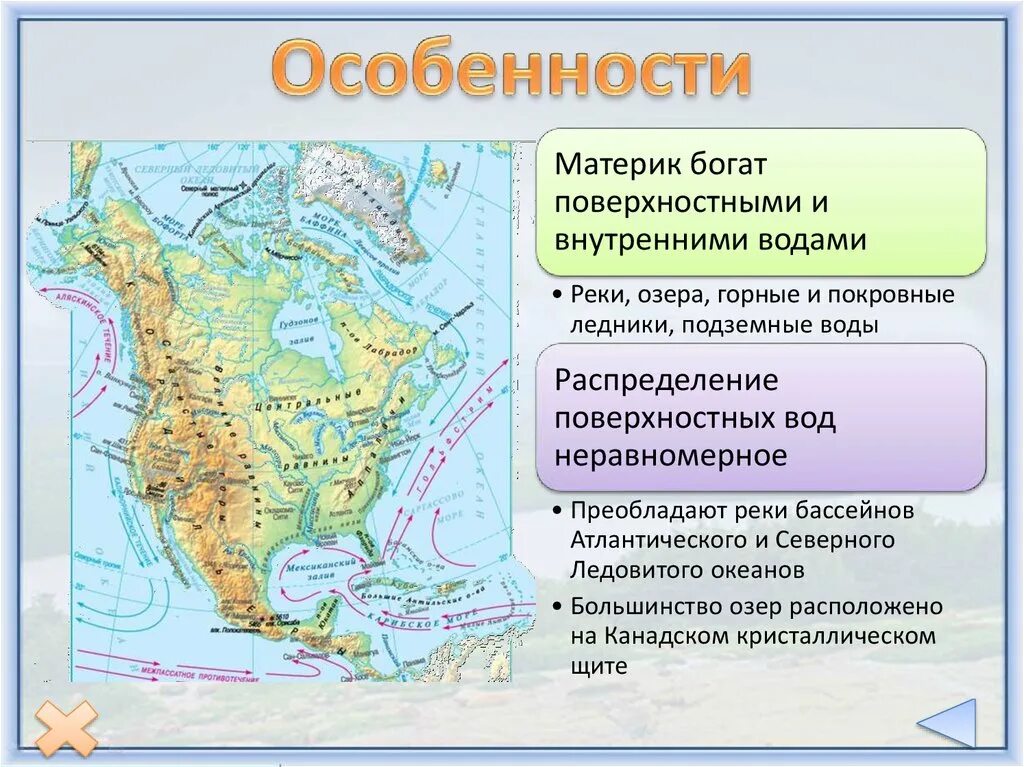 Реки бассейна атлантического океана северной америки. Внутренние части материков. Внутренние воды северных материков. Внутренние воды Северной Америки на карте. Особенности материков.