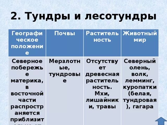 Природная зона тундра 8 класс география таблица. Тундра и лесотундра географическое положение таблица. Тундра и лесотундра растения и животные таблица. Лесотундра характеристика природной зоны. Природная зона лесотундра таблица.