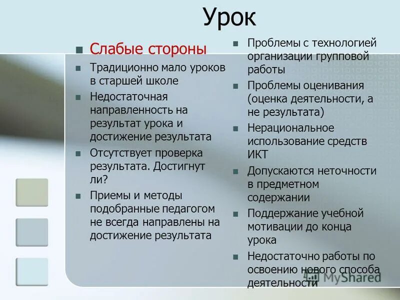 Сильные и слабые стороны урока. Слабые стороны урока. + И - стороны урока. Сильные стороны урока.