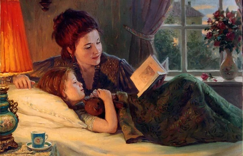 Мама рассказывает сказку. Чтение в живописи. Мама читает сказку. Читающие дети в живописи.