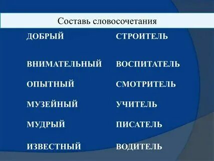 Составьте словосочетания используя слова из двух