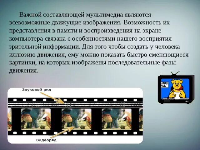 Важной составляющей мультимедиа являются всевозможные движущиеся. Звуковой ряд и видеоряд. звук как составляющая мультимедиа. структура видеообъекта на примере киноплёнки.