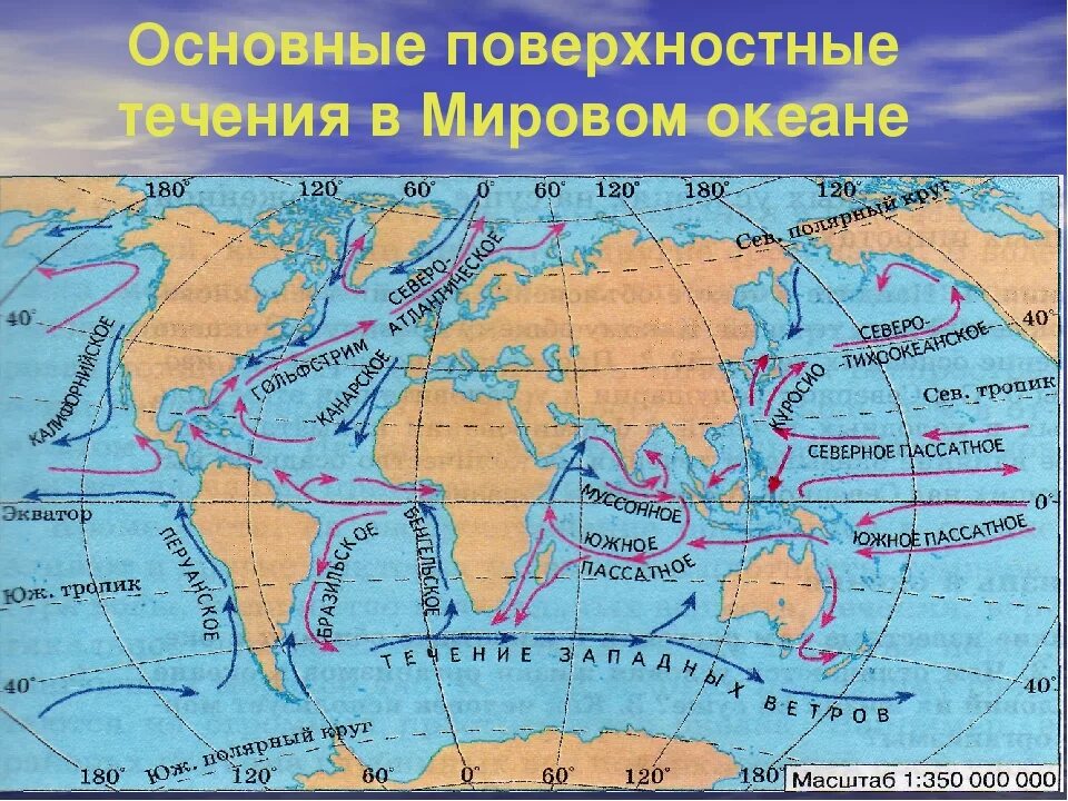 Океаны у берегов евразии. Тёплые и холодные течения на карте мирового океана. Карта течений мирового океана. Течение Гольфстрим Бенгельское перуанское. Основные поверхностные течения в мировом океане.