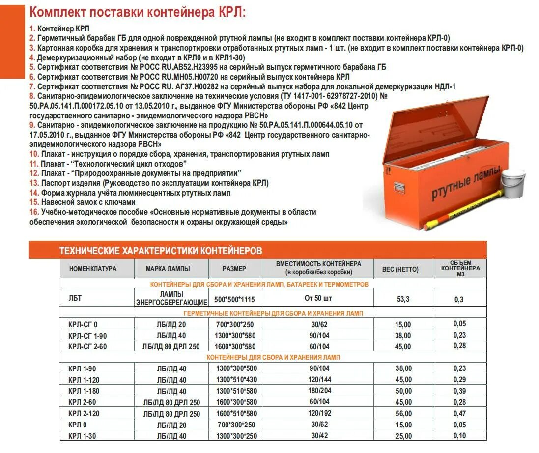 КРЛ 1-90 контейнер для ламп. Контейнер КРЛ 1-180 для сбора и хранения люминесцентных. Контейнер КРЛ-СГ 0 для сбора отработанных ртутных ламп. Контейнер 1600*580*300 КРЛ 2-60. Срок службы контейнера