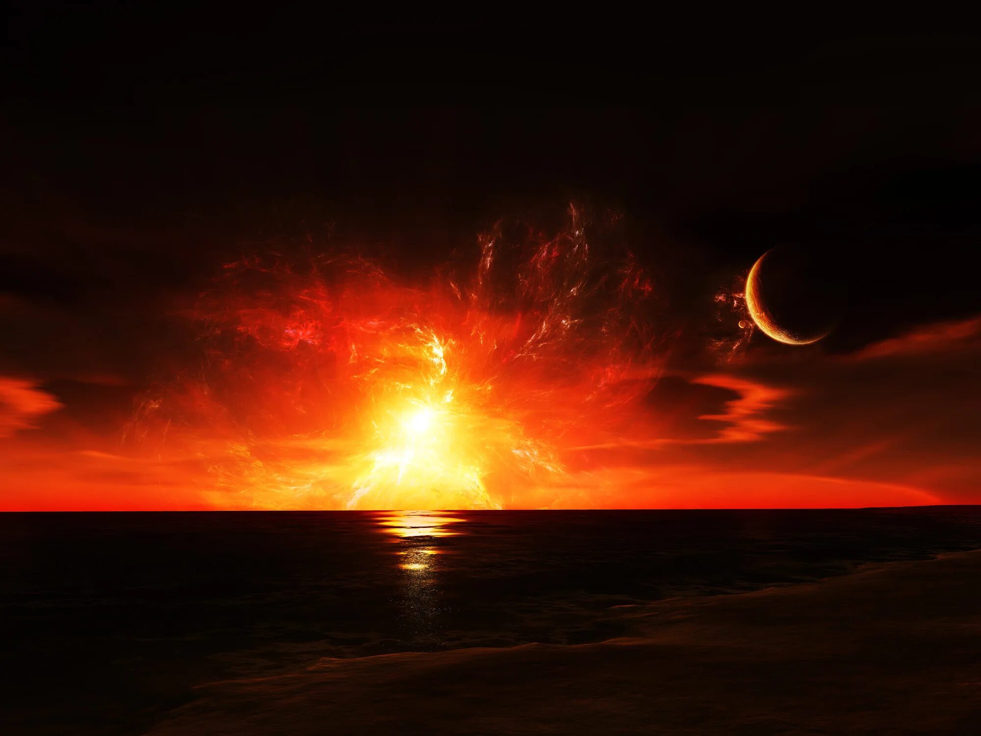 Восход луны и будущее пламя. Огненный закат. Огненный рассвет. Пылающий закат. Пламенный закат.