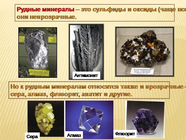 Какой минерал является распространенным. Рудные минералы. Главные рудные минералы. Минералы класса сульфидов. Рудные минералы примеры.