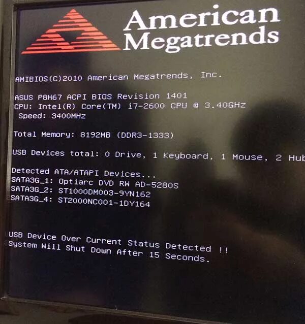 Usb device current status detected. BIOS 2010 American MEGATRENDS,Inc.. American MEGATRENDS ASUS. American MEGATRENDS Inc 4.6.5 15.06.2015 мат.плата. USB device over current status detected при включении компьютера.