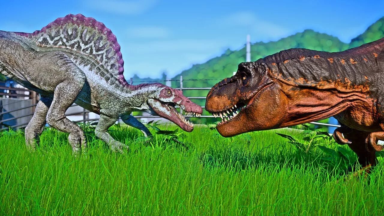 Тираннозавр спинозавр. Jurassic world evolution тираннозавр рекс. мир юрского периода тираннозавр рекс против спинозавра. jurassic world evolution спинозавр. jurassic world evolution тираннозавр.