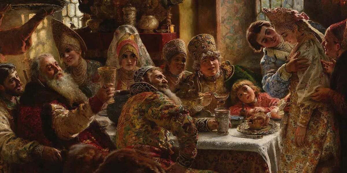 Один день из жизни 17 века. Боярский пир картина Маковского. Маковский Боярский свадебный пир картина.
