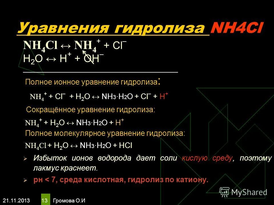 Составьте ионно молекулярные уравнения гидролиза солей. Уравнение гидролиза nh4ci. Nh4cl гидролиз. Краткое ионное уравнение гидролиза. Гидролиз солей nh4cl.