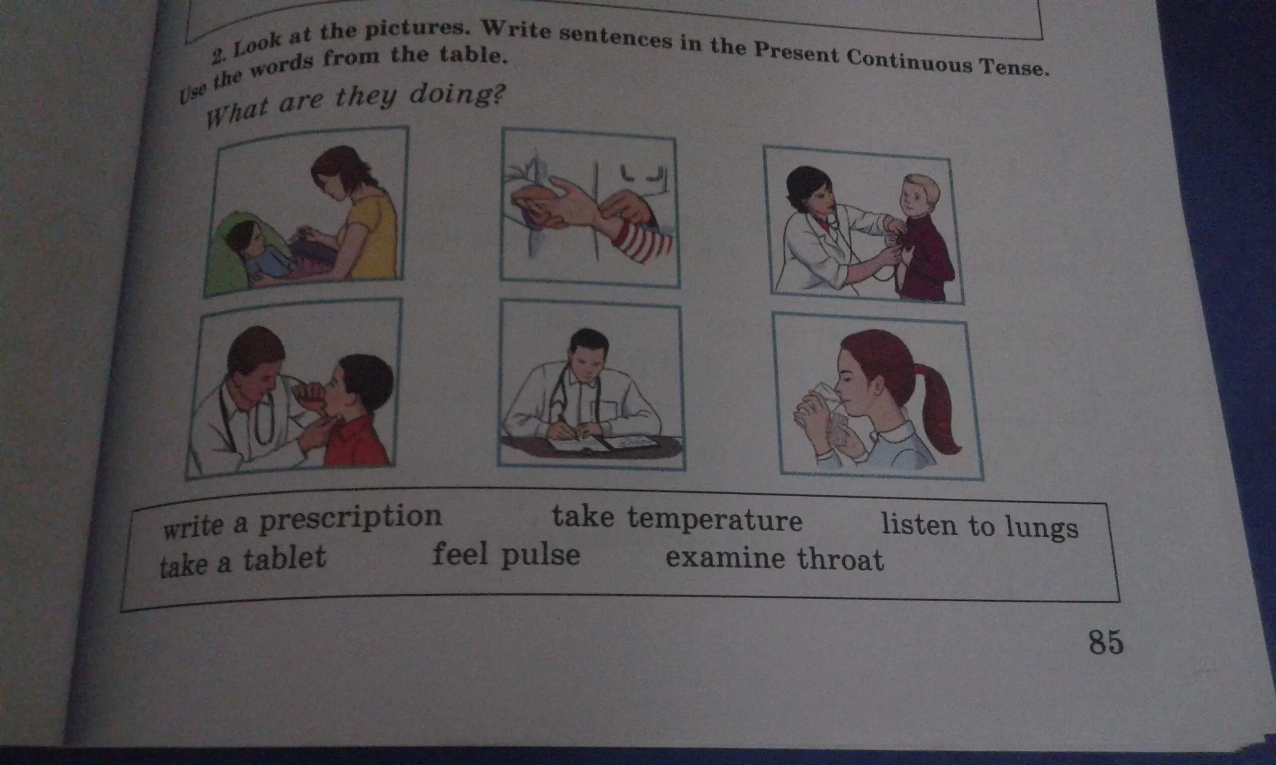 The boy has the word. Look at the picture. Look at the pictures and write. Write sentences using the present Continuous. Как переводится look at the pictures.