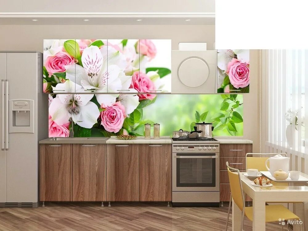 кухня сакура 1. кухня олива дсв гранат. кухни с рисунком на фасаде. кухонные фасады с цветами. яркий кухонный гарнитур.