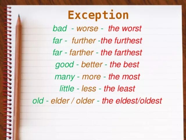 Bad worse worst the words. Comparative adjectivesnисключения. Comparison of adjectives исключения. Comparatives исключения. Comparatives and Superlatives исключения.
