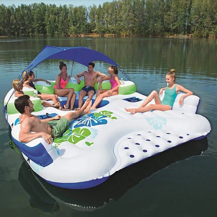 Надувной плот на воде. Надувной матрас tropical tahiti giant 6 person inflatable raft pool lake ocean floating island. надувной плот &quot;тенистый остров&quot; bestway 43134. надувной плот bestway тропический бриз 43105. матрас intex canopy island.