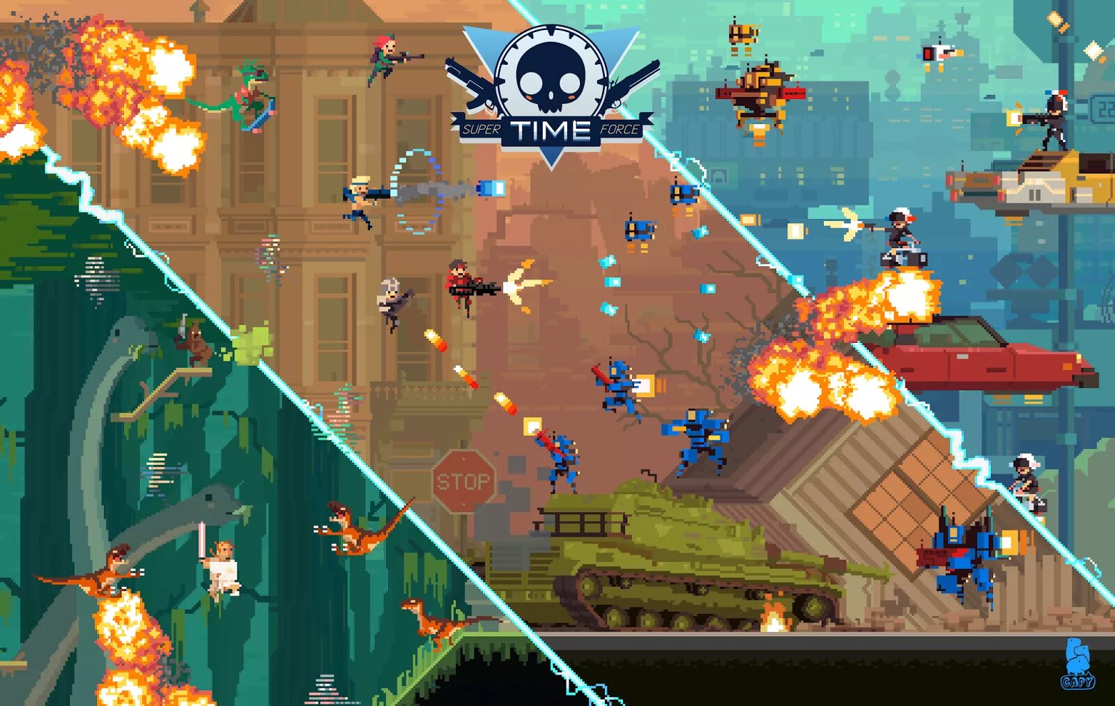 Тайм Форс. Super time Force. Пиксельная игра про роботов. Очень красивые пиксельные игры. Игры супер времени