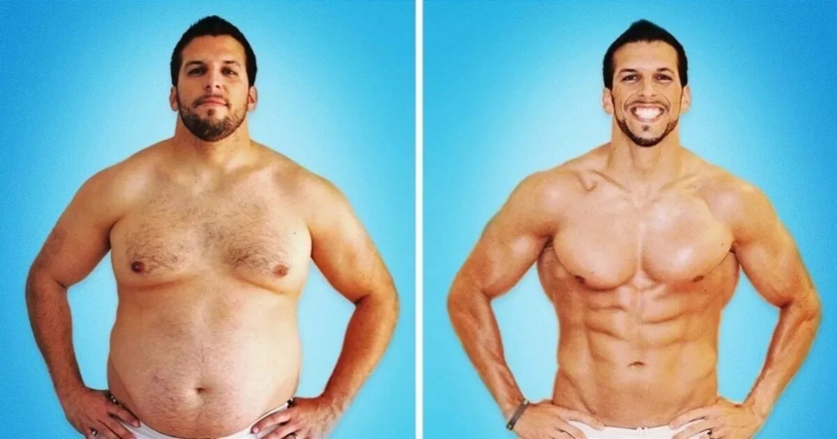 Жир превращается в мышцы. Тренер Дрю Мэннинг растолстел. До и после похудения мужчины. Толстый и накаченный.