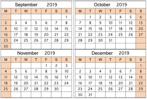 Calendar For 2019 September Through December Example Calendar Printable.