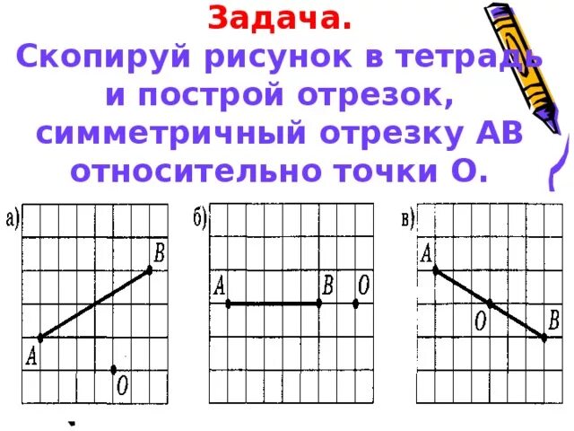 Изобрази точки относительно оси. Симметричный отрезок относительно прямой. Построить отрезок симметричный данному относительно точки о. Начертить симметричный отрезок. Начерти симметричный отрезок.