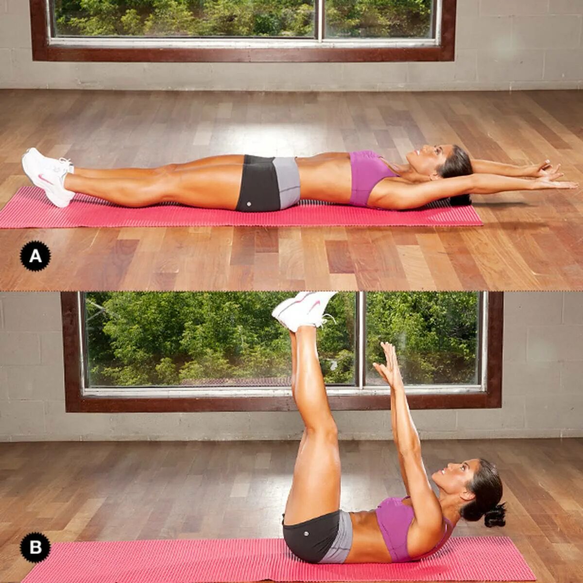 Нижний пресс для женщин. Упражнения на пресс. Пресс с гантелями для женщин. Кранчи (скручивания на пресс). Скручивания к прямым ногам.