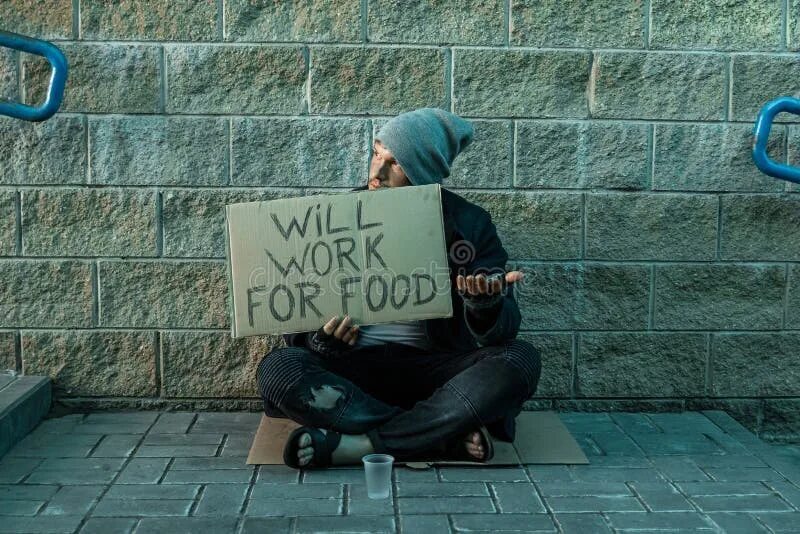 Will work for. Will work for food бомж. бездомный с табличкой. человек просит милостыню. мужчина просит милостыню.