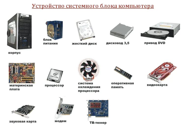 Две составляющих компьютера. Из чего состоит системный блок компьютера схема. основные комплектующие системного блока и их характеристики. схема основных компонентов системного блока. содержимое системного блока схема.