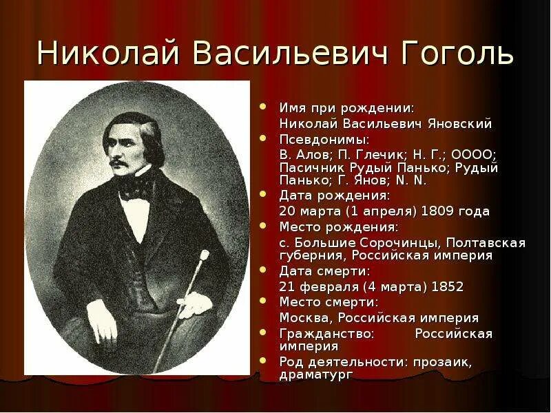 Псевдоним Гоголя. 1 апреля день рождения николая гоголя