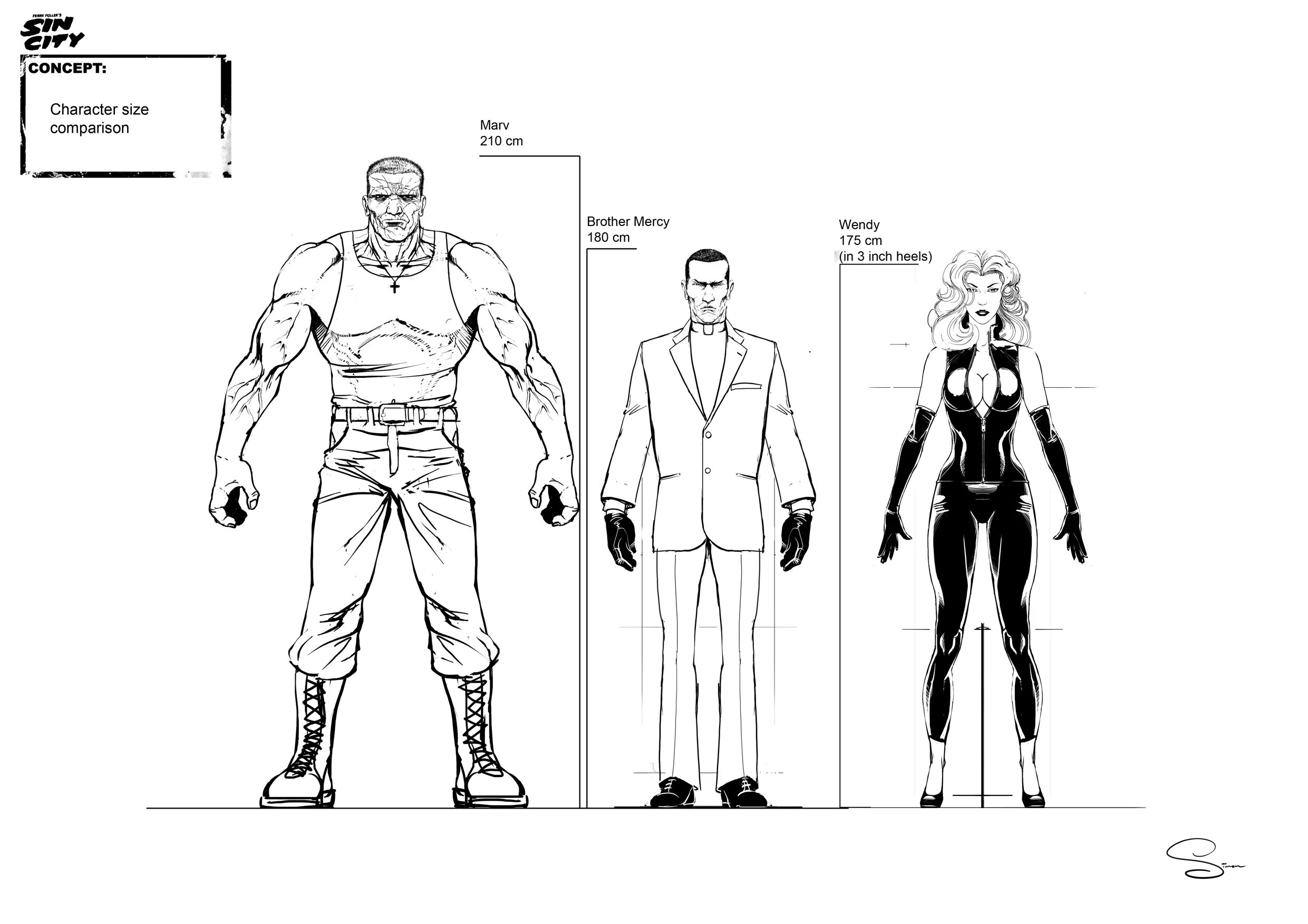 Character comparison. Город грехов персонажи. size персонаж. sin city concept art. character size comparison.