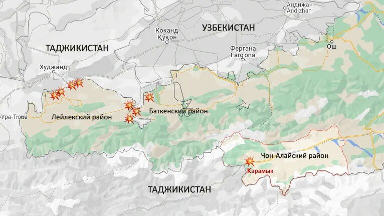 Области киргиз. Киргизия на карте с границами. Карта Кыргызстана и Таджикистана. Граница Киргизии и Таджикистана на карте. Границы Кыргызстана на карте.