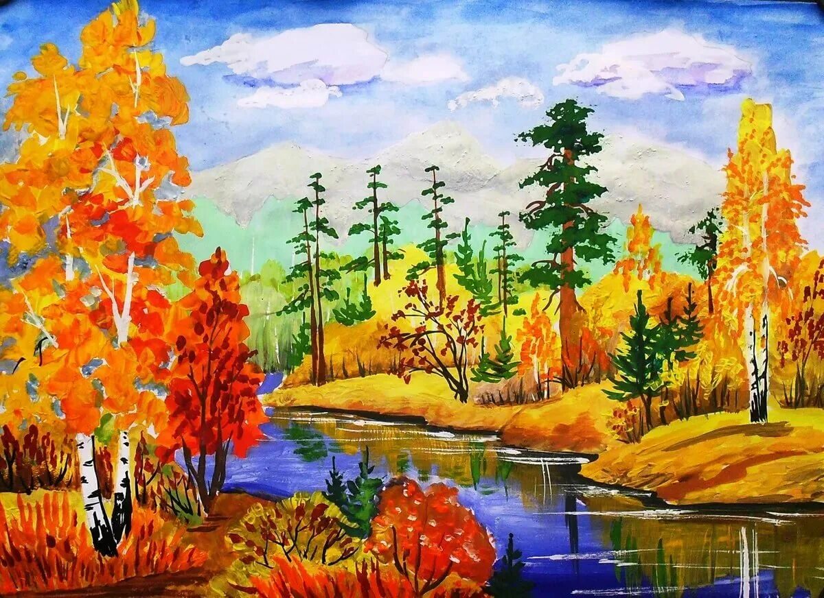 Осень картинки пошагово. Краски осени. Осенний пейзаж гуашью. Осенний пейзаж для детей. Краски осени рисунок.
