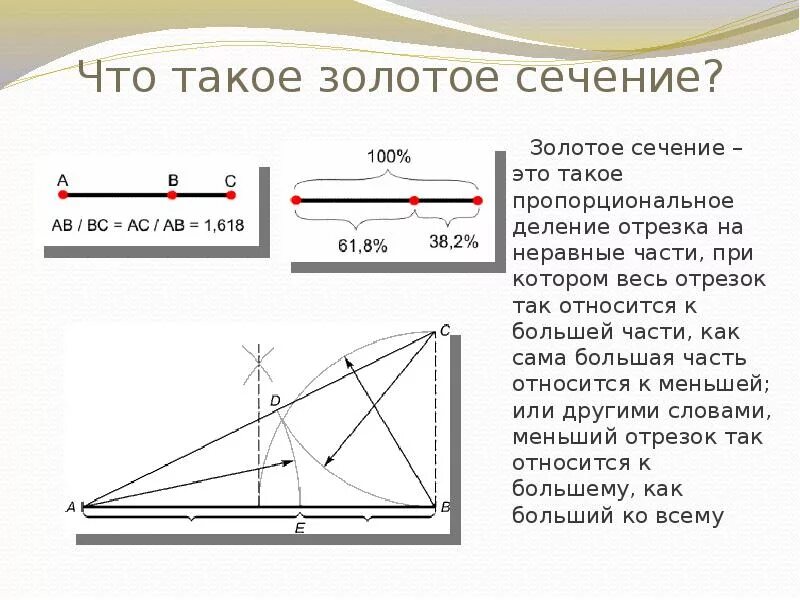 Золотое сечение деление отрезка. Деление отрезка в отношении золотого сечения. Геометрическое построение золотого сечения отрезка. Золотое сечение 62 на 38. Деление золотого сечения