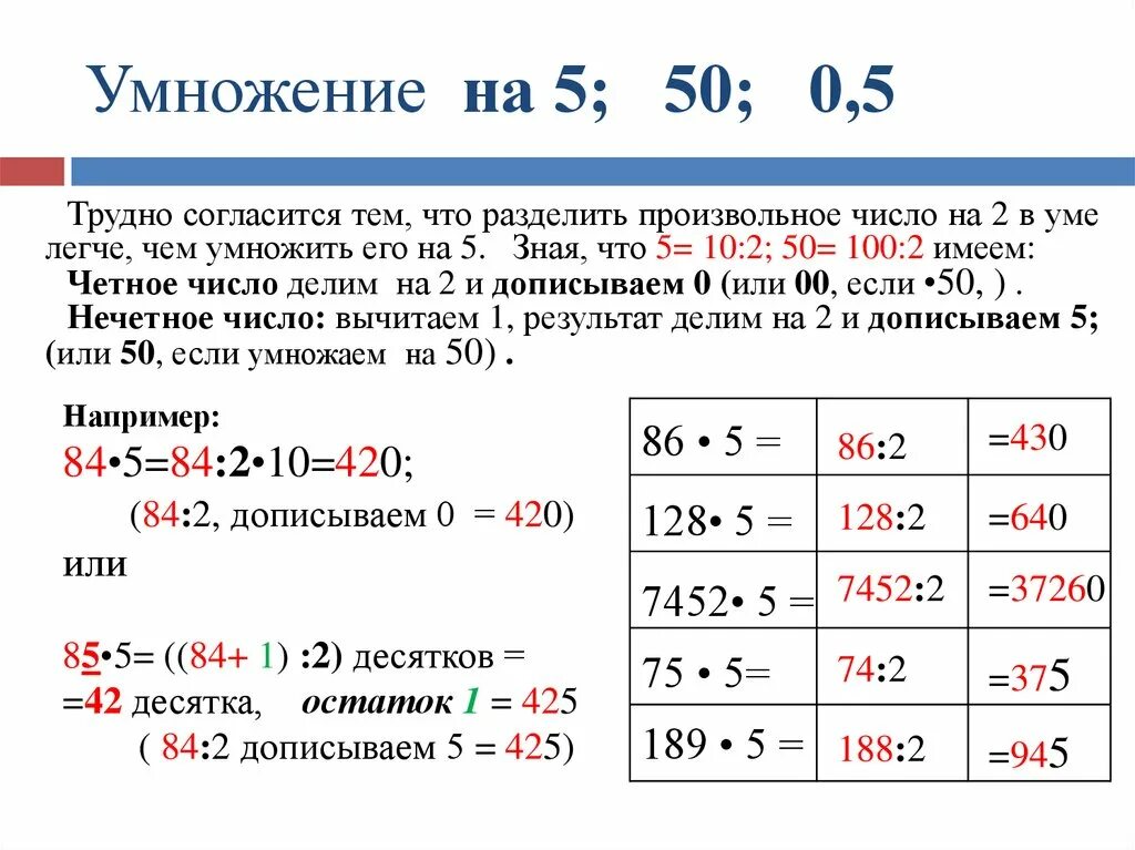 Как легче умножать числа. Как посчитать умножение в уме. Как быстро делить в уме. Деление больших чисел в уме. Быстрое умножение чисел на 5.