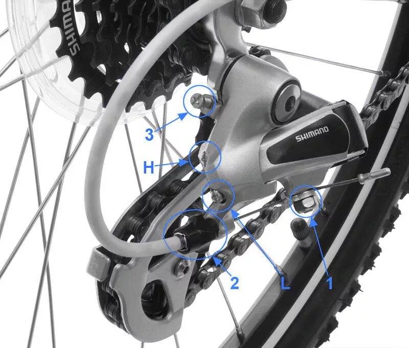 Переключатель скоростей заднего колеса велосипеда. Регулировочные винты заднего переключателя велосипеда шимано. Тросик велосипедный для переключателя шимано 21 скорость. Задний переключатель скоростей Shimano цепь. Крепления переключателя скоростей шимано.