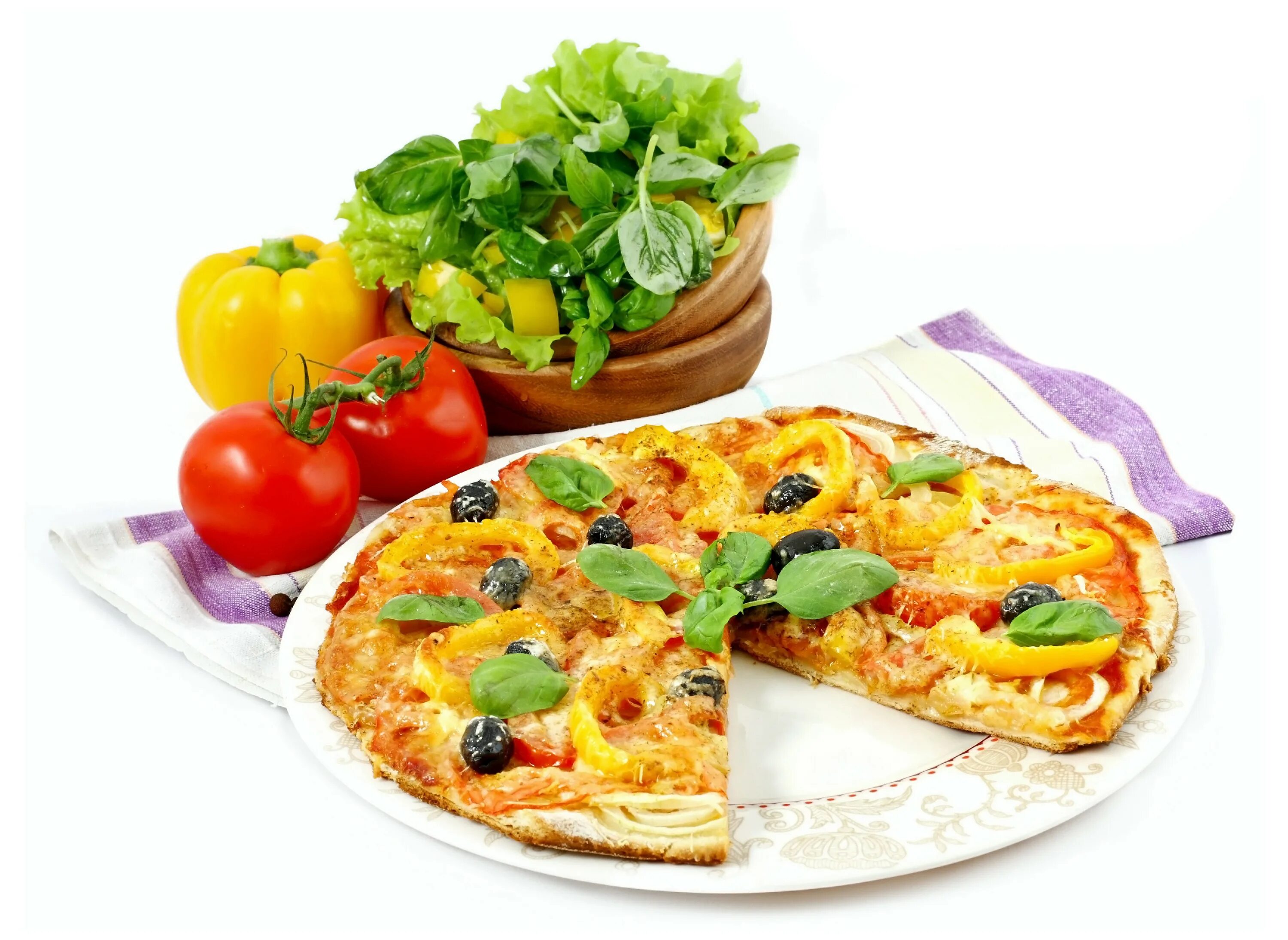 Итальянская кухня. "Пицца". Пицца на белом фоне. Пицца с зеленью. Овощи фаст фуд