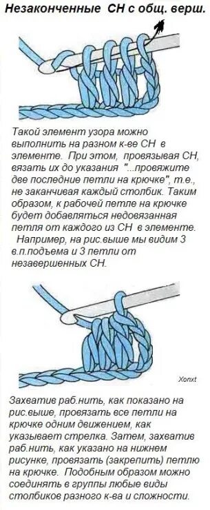 Как вязать крючком столбики с вершиной. 3 незаконченных столбика с 2 накидами. неполный столбик с 2 накидами. две петли с накидом с общей вершиной. незавершенные столбики крючком.